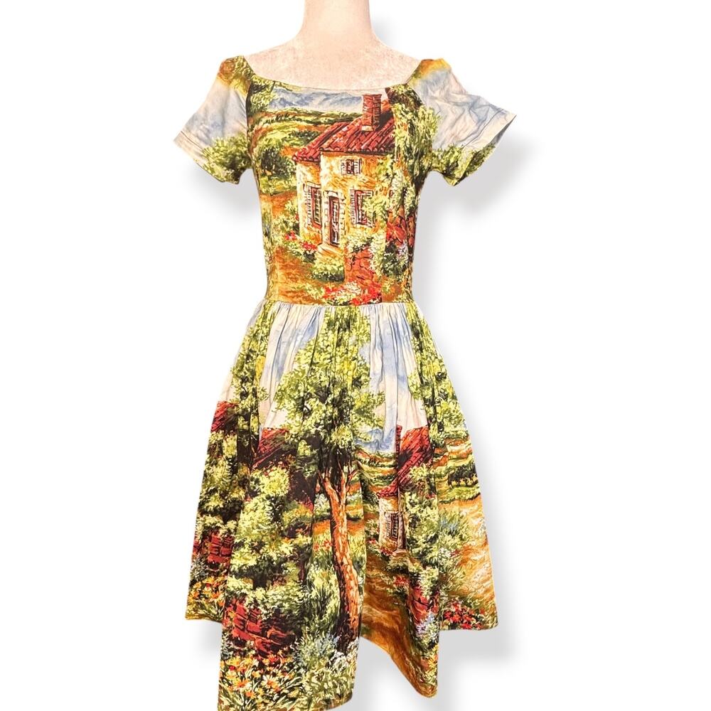 Bernie Dexter Scenic Landscape Print Dress Italian Villa Retro Pinup Euro Summer
